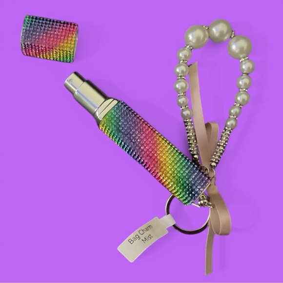 NWT Rainbow Rhinestones & Faux Pearls Perfume Mister & Beads Bag Charm - Picture 2 of 6